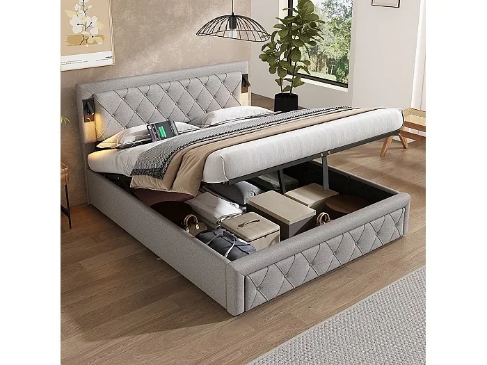 160*200 Cama tapizada con iluminación adicional y puerto USB, cama de almacenamiento, doble, lino, gris
