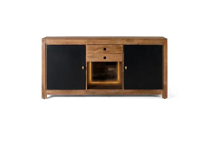 Aparador con iluminación interior, 2 puertas de metal y 2 cajones fabricado en madera Marrón/Negro de 78x40x160 cm – Giner y Colomer