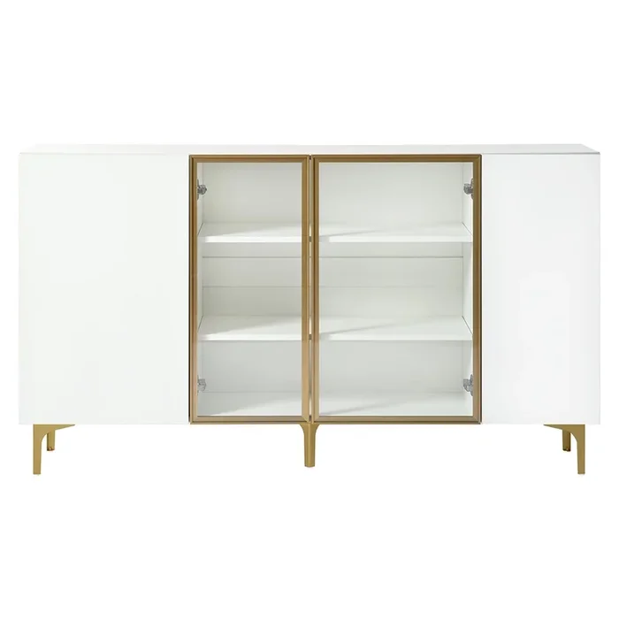 Aparador elegante 4 puertas – Blanco con vidrio y metal, diseño moderno, sin asas, gran capacidad – Blanco