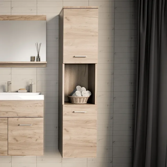 Armario alto para baño Krildihana 131x30x30 cm – Efecto roble [en.casa]