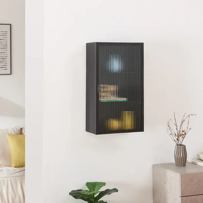 Armario de pared Zundert puerta de vidrio 60x35x15 cm – Negro [en.casa]