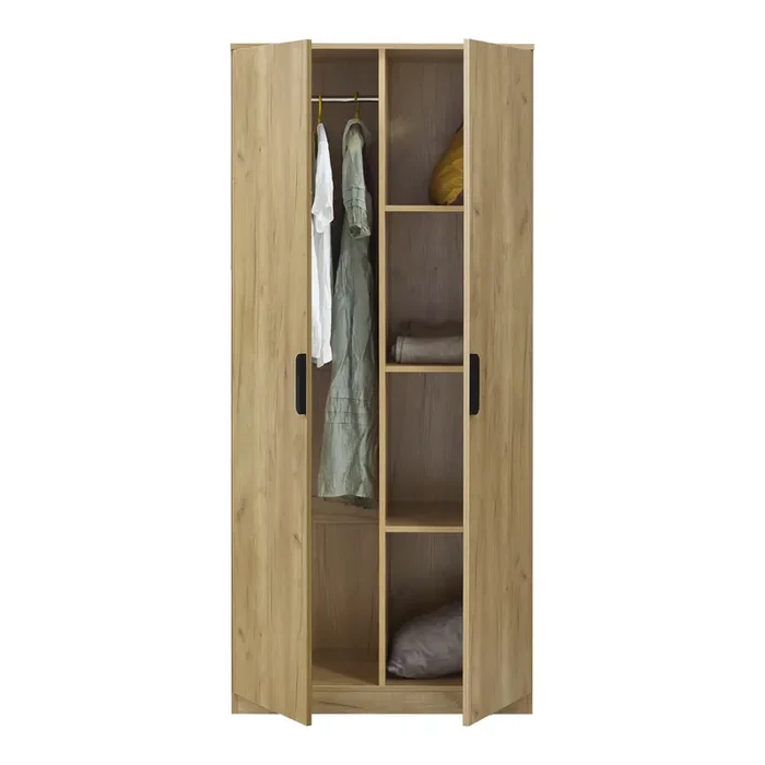 Armario Ropero Eiselfing (2 puertas 1 perchero 4 compartimentos) MDF 176 x 80 x 52 cm – Efecto roble [en.casa]