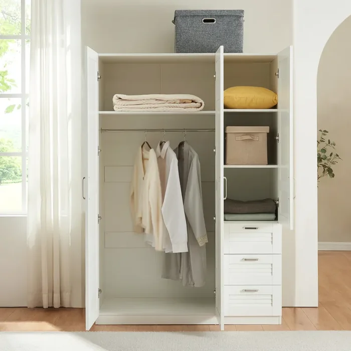 Armario Ropero Finning 1 perchero 4 compartimentos 3 cajones 176x120x52 cm – Blanco [en.casa]
