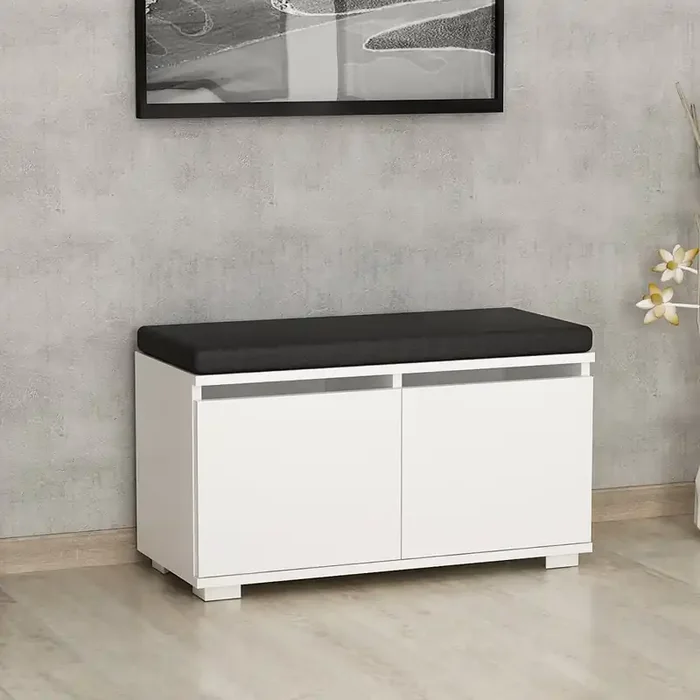 Banco zapatero Brande tapizado aglomerado/textil 42x80x35 cm – Blanco/Negro [en.casa]