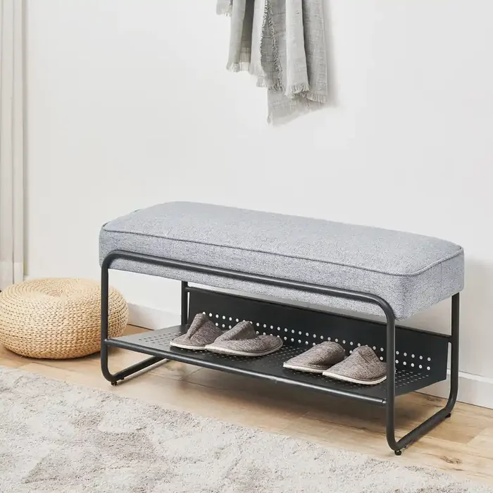 Banco zapatero Lillehammer metal/textil 90x37x42cm – Gris [en.casa]