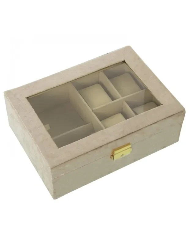 Caja Relojes Terciopelo Beige C/tapa Cristal 25×18,5x9cm, Para 4 Relojes