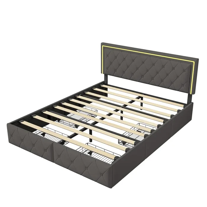 Cama 160x200cm con LED, cabecero reclinable, Cama para 2 personas, Cama tapizada con 4 cajones y gran espacio de almacenamiento, Cama 160×200, PU, gris