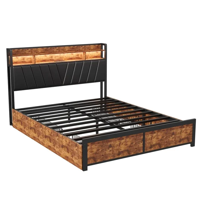 Cama 160x200cm, LED, USB, enchufe, 4 cajones, cama con almacenaje, cama de madera maciza, cama juvenil, cama doble