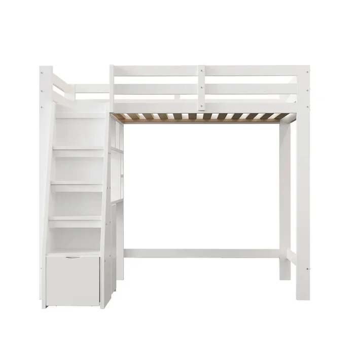 Cama alta 90*200 cm – Mesa de trabajo con estantes y armarios, escalera de seguridad con almacenamiento, con cajones de almacenamiento – Blanco