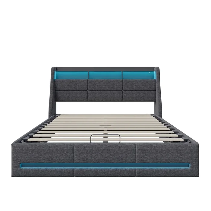 Cama baúl con somier, cama baúl con puerto USB tipo C, iluminación LED, lino