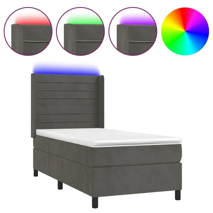 Cama box spring colchón y LED terciopelo gris oscuro 100×200 cm Rayas horizontales