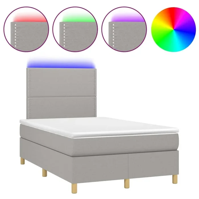 Cama box spring con colchón tela y LED gris claro 120×200 cm Liso con clavos