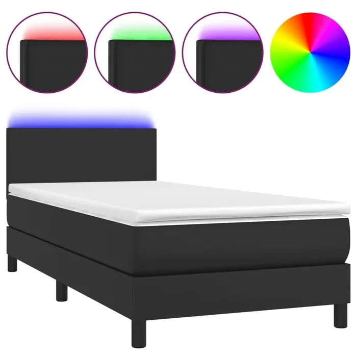 Cama box spring y colchón LED cuero sintético negro 90×190 cm Diseño plano
