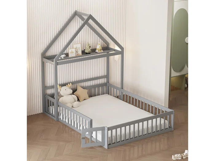 Cama cabina 140x200cm, estructura de madera maciza con espacio de almacenamiento, barrera de protección total y puertas y somier incluidos, gris