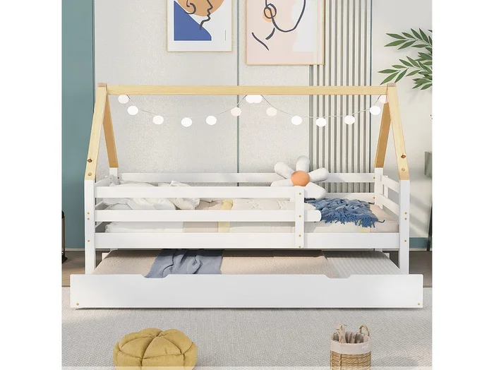 Cama cabina 90x200cm – cama infantil individual con somier y cama nido 90x200cm, sin colchón – blanco