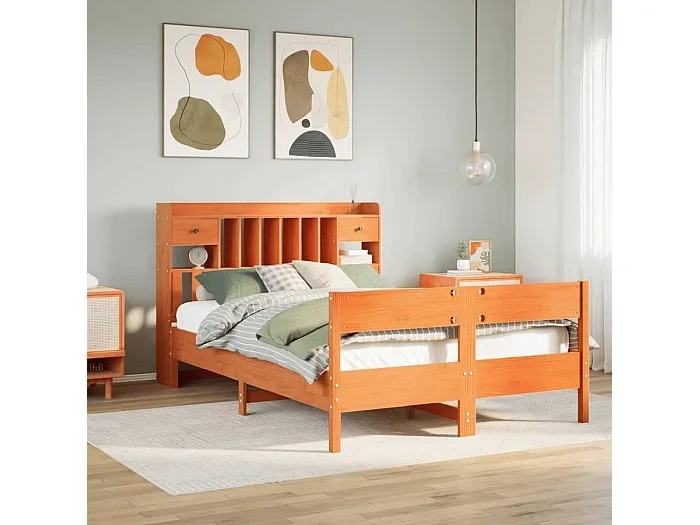 Cama con estantería sin colchón madera maciza marrón 140×200 cm