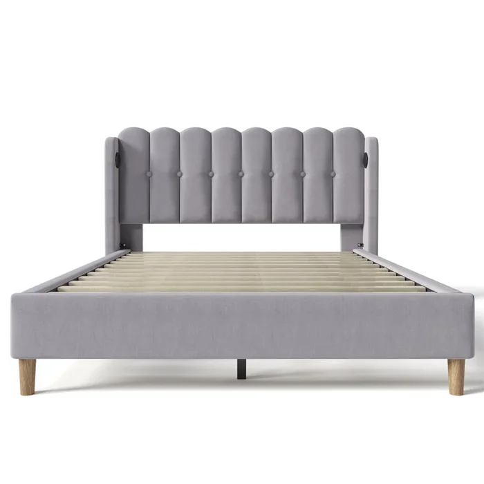 Cama de lino acolchada de 160×200 cm – con puertos de carga y somier – Gris