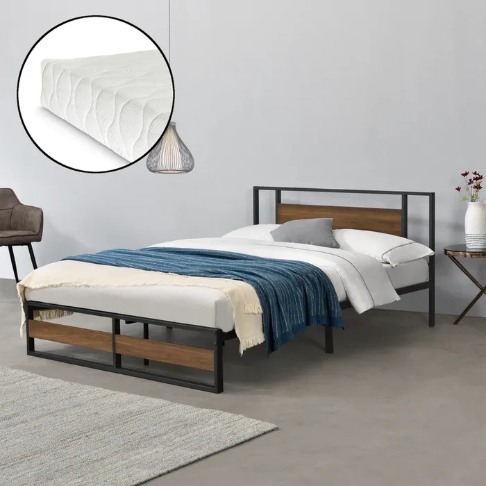 Cama doble Villach con somier y colchón – acero 140 x 200cm – Negro mate y Efecto nogal [en.casa]