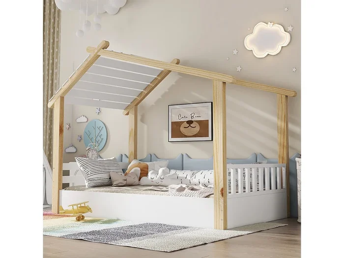 Cama infantil 90×190 cm con somier de láminas de madera, blanco y natural – sin colchón