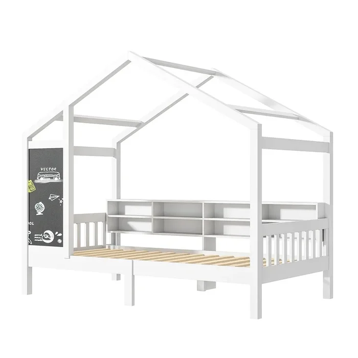 Cama infantil de 90 x 200 cm, de madera, con tabla, balda, con valla y somier, blanca