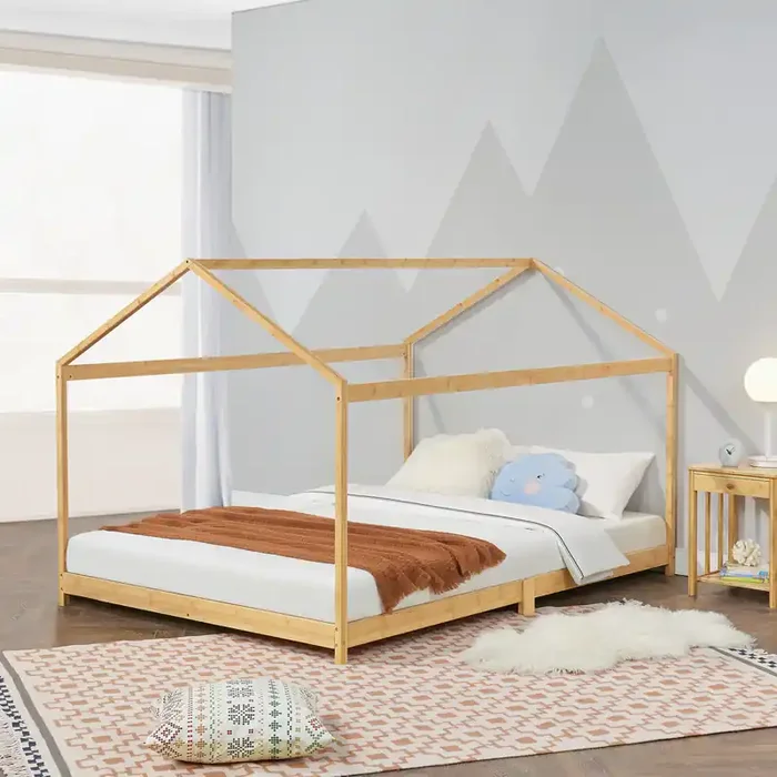Cama infantil Vindafjord en forma de casa bambú 140 x 200 cm – Color natural [en.casa]