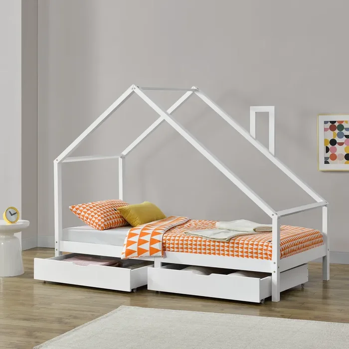 Cama para Niños con cajones Assling Forma de Casa 90 x 200 cm Blanco Mate [en.casa]