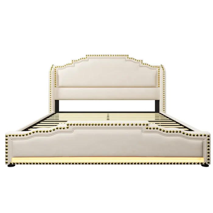 Cama Polsterbett 140×200 – Con 4 cajones, iluminación LED, puerto USB-C, cama juvenil con somier, terciopelo, Beige – Con colchón