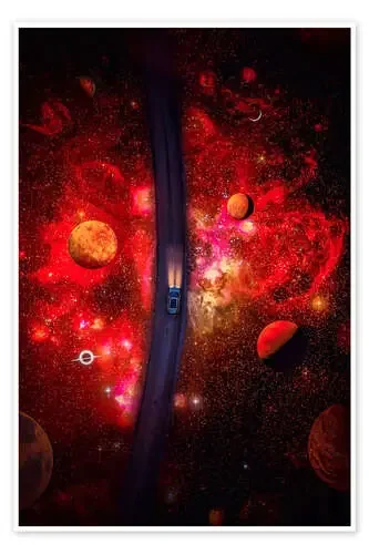 Car on the way to the red constellation with planets de Gen Z