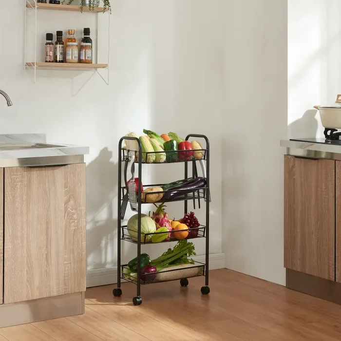 Carrito de cocina Tromsø con 4 cestas acero 83x44x26cm – Negro [en.casa]