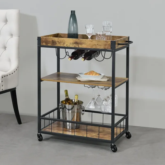 Carro de Servicio Thalwil Bandeja extraíble 89,5 x 67 x 40 cm – Madera oscura/Negro [en.casa]