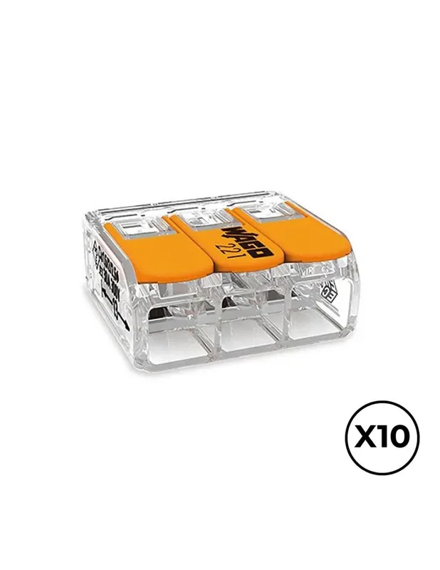 Conector rápido con palanca 3 conductores, ø maximo 6 mm², 450 v , 41 a transparente 22,9 x 21,1 x 10,1 mm. contiene 10 unidades