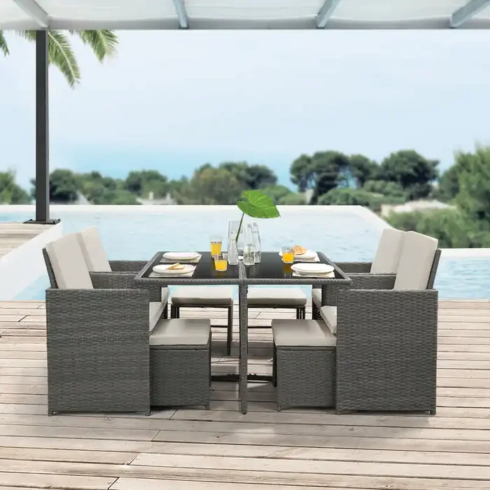 Conjunto de 9 Muebles de Jardín Exterior con Cojiines Gris Oscuro Beige Negro [en.casa]