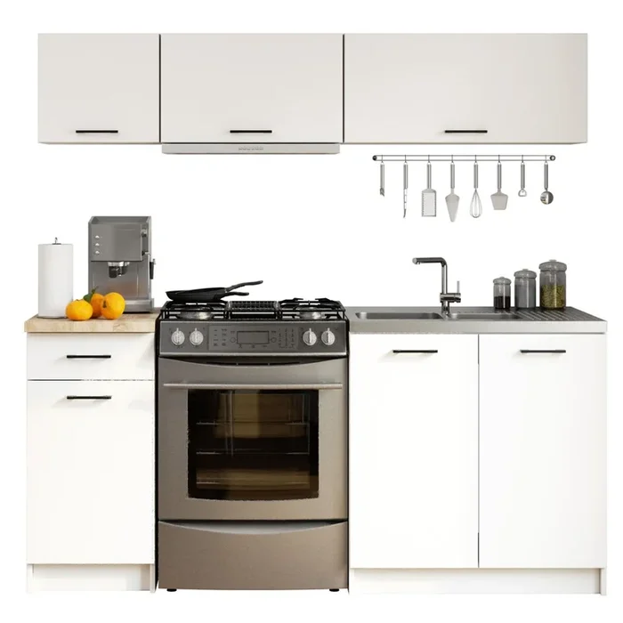 Conjunto de cocina AKORD OLIWIA G1 18m Blanco 180 cm 6 puertas 1 cajón frente en color Blanco 6 estantes 180x46x174 cm
