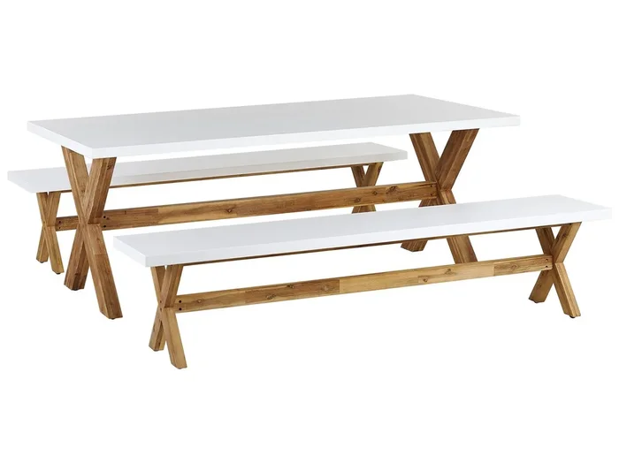 Conjunto de comedor exterior con bancos 6 plazas OLBIA Cemento Blanco