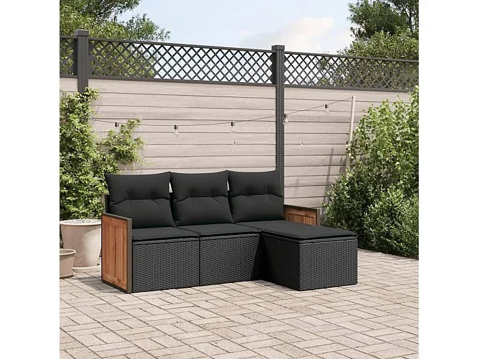 Conjunto de jardín 4 pzas con cojines ratán sintético negro ES741589