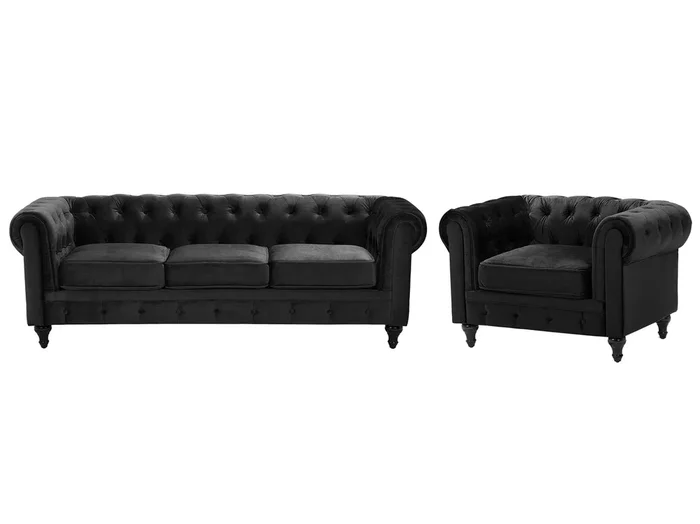 Conjunto de sala de estar CHESTERFIELD Terciopelo Negro 4 plazas