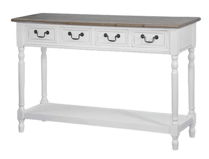Consola RIMINI WHITE, de color blanco y marrón, de estilo rústico francés, mide 79x122x41 cm y tiene 4 cajones y 1 estante.