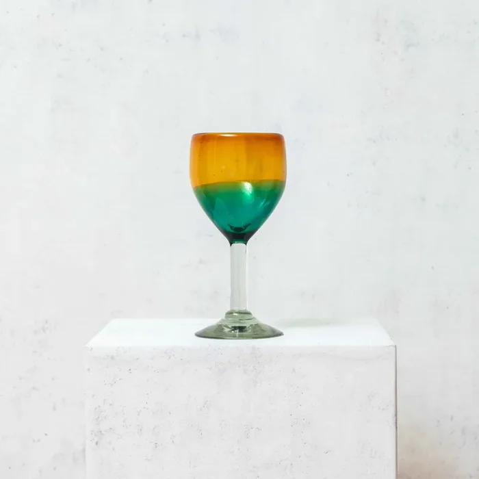 Copa Vidrio Soplado, bicolor ámbar y aguamarina 18cm