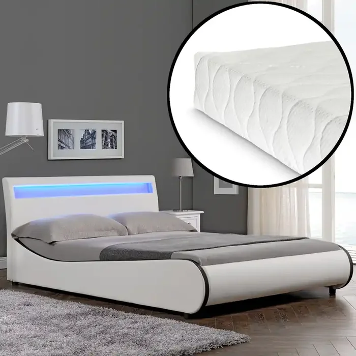 [Corium] Cama de cuero sintético moderna (Valencia) – [neu.haus] Colchón de espuma fría – con sistema de iluminación LED