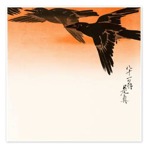 Cuervos en vuelo en el cielo rojo del atardecer de Shibata Zeshin Master Collection
