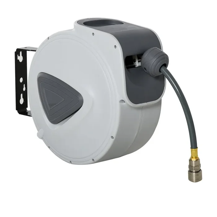 DURHAND Carrete de Manguera de Aire Comprimido Automático de 15 m Conector de 1/4‘‘ BSP con Soporte para Pared Giratorio 180° Diámetro Interno 3/8‘‘ (9,5×15 mm) Gris