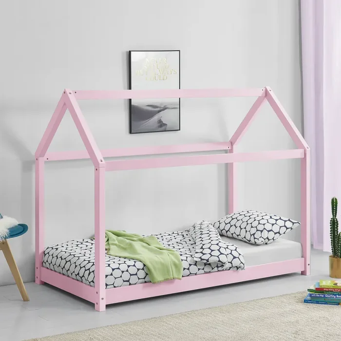 [en.casa] Cama para niños de Madera Pino – 140 x 70 cm – Cama Infantil – Forma de casa – Color rosa
