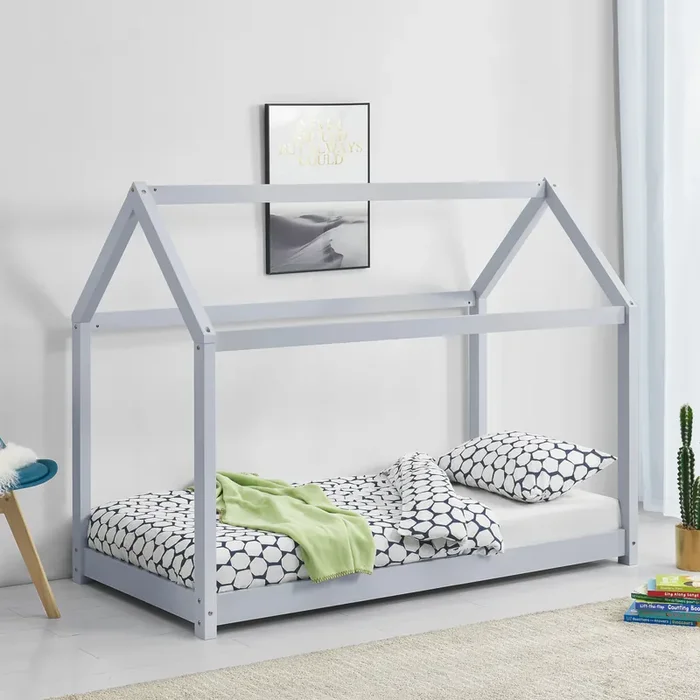 [en.casa] Cama para niños de Madera Pino – 160 x 80 cm – Cama Infantil – Forma de casa – Gris claro