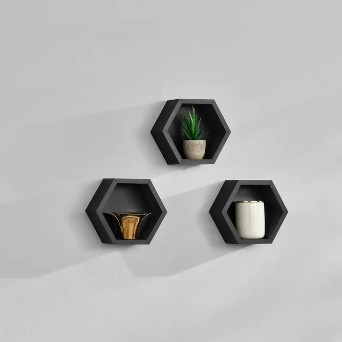 [en.casa] Estantería de pared 3 piezas negro mate diseño retro (medidas diferentes)
