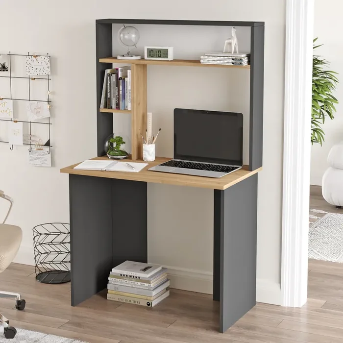 Escritorio Tópisa con estantería 149x90x52cm – Roble/Antracita [en.casa]