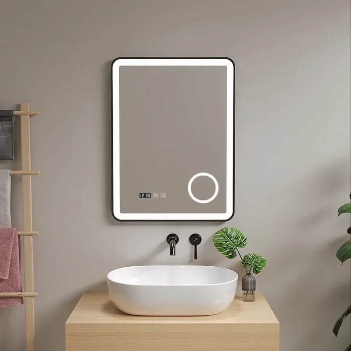 Espejo de pared con LED Pescara para baño IP65 con antivaho y lupa aluminio 70 x 50 x 4 cm – Negro [pro.tec]