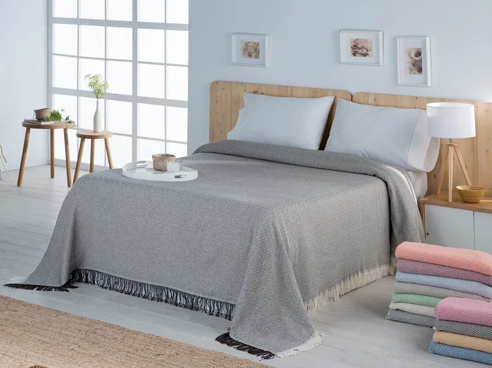 ESTORALIS Plaid Multiusos Tejido Jacqard Manta de Algodón Sofa o Cama Con Fleco ( 180×260 cm. AnchoxAlto ) Modelo TORINO Color Beige