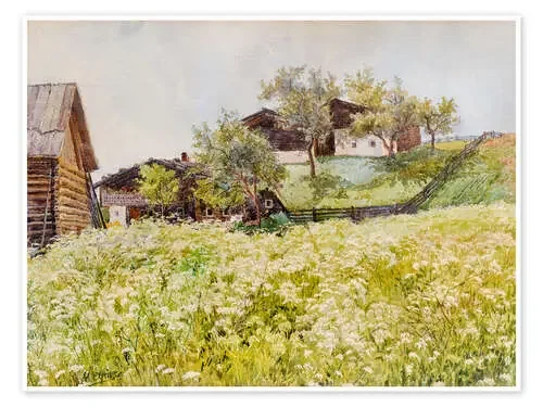 Farm houses and a white blooming field de Marie Egner Master Collection