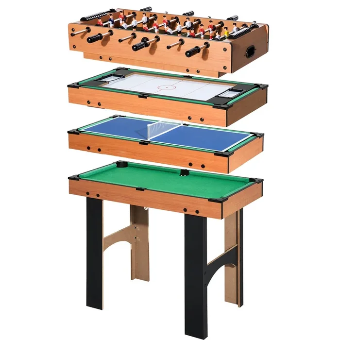 HOMCOM Mesa Multijuegos 4 en 1 Mesa de Juego para Niños +6 Años Futbolines para Niños Mesita de Billar y Ping-pong 92x78x80 Natural y Negro
