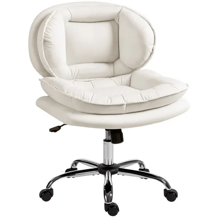 HOMCOM Silla de Oficina Piernas Cruzadas, Silla de Escritorio sin Brazos con Asiento Ancho, Ruedas, Altura Ajustable, Doble Acolchado, Giratoria, Función Basculante, Tapizada en PU, Gris Claro